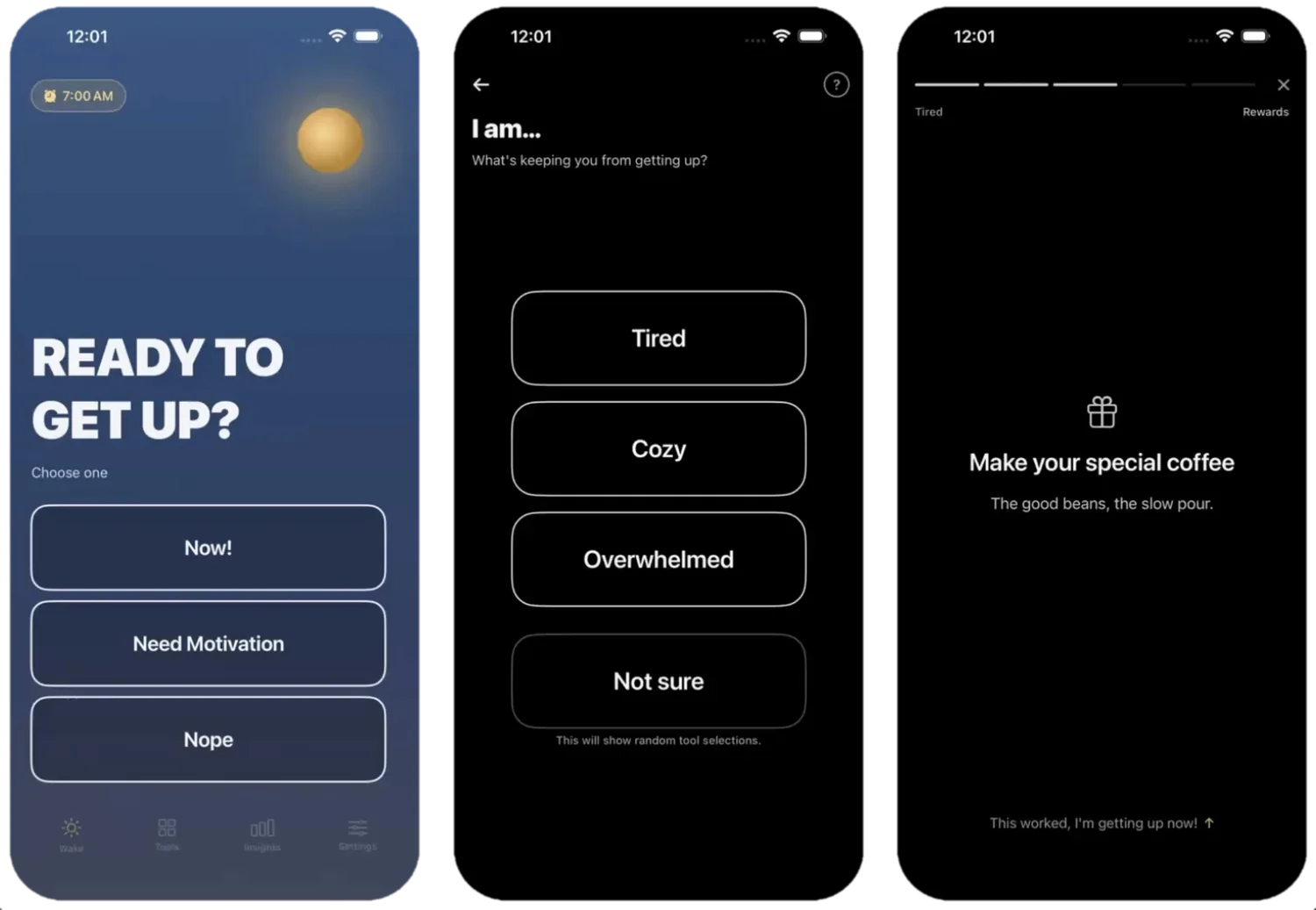 Three Levu screens: the wake screen, the blocker choices, and a reward